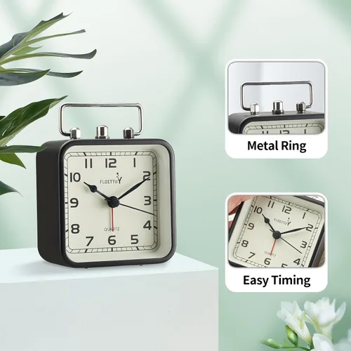 Vista 4 de FLOITTUY Reloj despertador cuadrado de metal, silencioso, sin tictac, funciona con pilas, luz nocturna y reloj de escritorio para dormitorio, Negro