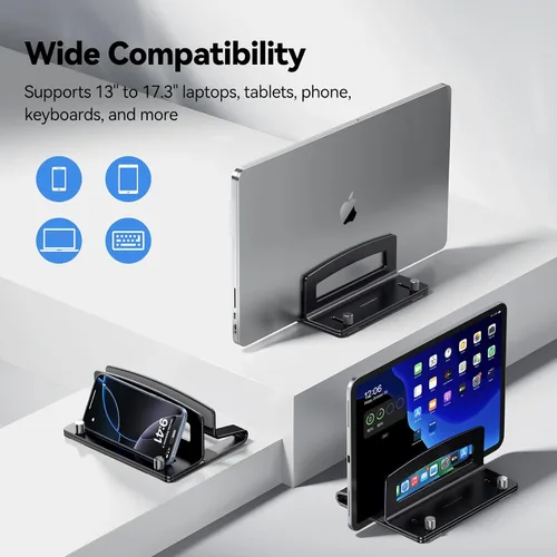 Vista 3 de TECKNET Soporte vertical para laptop, soporte ajustable de aluminio para laptop (hasta 17.3 pulgadas), soporte vertical que ahorra espacio con Black
