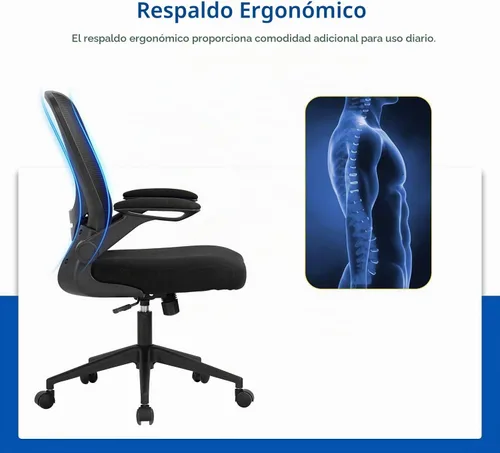 Vista 5 de Silla ergonómica de malla para oficina, con respaldo lumbar, giratoria, con ruedas, ejecutiva, con brazos y respaldo medio ajustable, para Negro