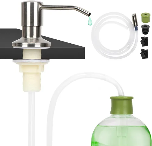 Vista 11 de Dispensador de jabón para platos para fregadero de cocina de níquel cepillado, dispensador de jabón para debajo del fregadero con cabezal de bomba