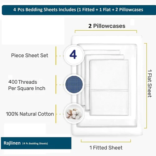 Vista 2 de Rajlinen Juego de sábanas de 4 piezas tamaño individual, juego de sábanas de 400 hilos 100% algodón, sábanas de lujo para hotel con bolsillo