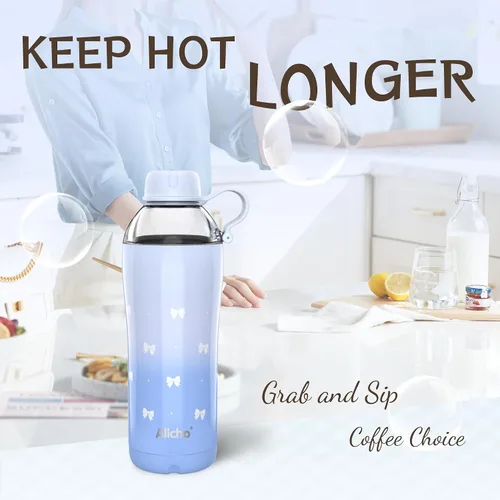 Vista 7 de Bow - Botella de agua aislada para mujeres, botellas de agua de acero inoxidable de 18 oz, de doble pared, 2 tapas (para beber y vaso) - Hidrata