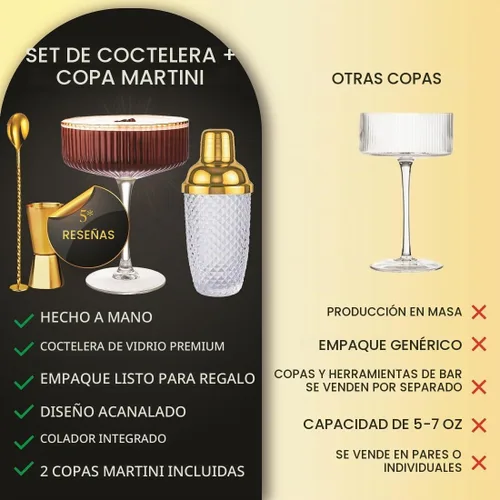 Vista 8 de VEMACITY - Regalos de lujo de Martini Espresso Juego de coctelera dorada + 2 copas de Martini Espresso - Kit de cóctel con colador integrado