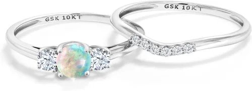 Vista 3 de Gem Stone King Juego de anillos de compromiso de boda de 3 piedras para mujer Piedra natal de oro blanco de 10 quilates, zafiro blanco creado