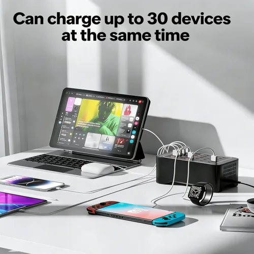 Vista 8 de Estación de carga USB C de 150 W, cargador rápido de múltiples dispositivos de 30 puertos (15 USB-C + 15 USB-A), cargador de escritorio, compatible