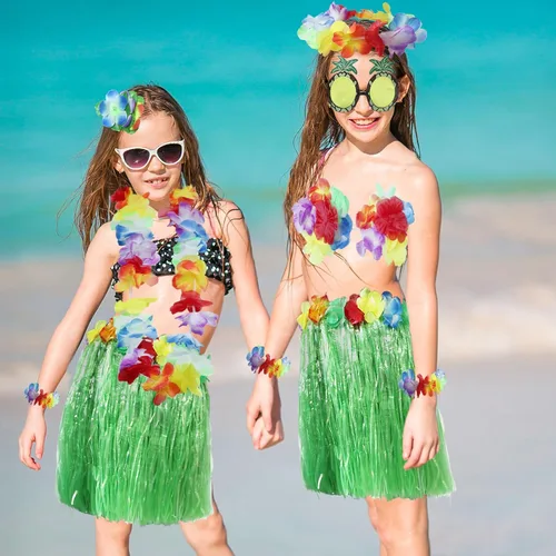 Vista 6 de Paquete de 8 faldas de hierba de bailarina hawaiana, falda de baile de hula con accesorio de disfraz de flores, disfraz hawaiano de fiesta de hula