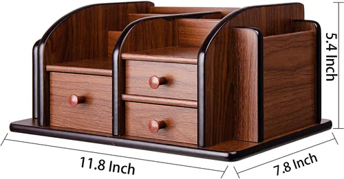 Vista 2 de Liry Products - Organizador de escritorio de madera marrón, múltiples compartimentos, 3 cajones, ranuras, 2 estantes, soporte para suministros