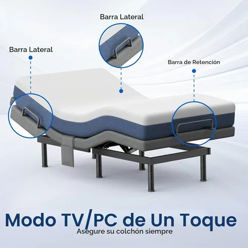 Vista 4 de Base de cama ajustable individual XL con masaje, base de cama eléctrica con patas ajustables, puertos USB, control remoto inalámbrico, gravedad cero