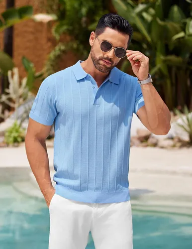 Vista 33 de COOFANDY Camisas polo de punto para hombre de manga corta con textura acanalada Camisas de golf casuales y ligeras con cuello Camiseta de polo