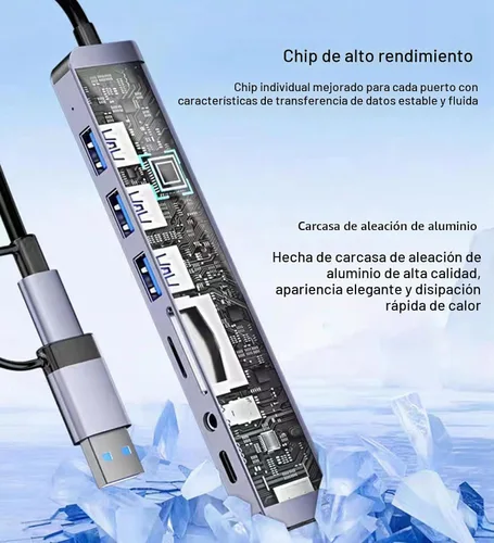 Vista 8 de Hub USB C Hub USB 3.0 con lector de tarjetas SD/TF, conector auxiliar de auriculares de 0.138 in, divisor USB 8 en 1 para MacBook Pro Air, XPS
