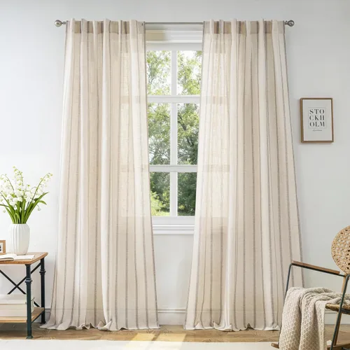 Vista 43 de DriftAway Cortinas de estilo granja con rayas verticales de lino mezclado texturizado con filtro de luz semitransparente para sala de estar