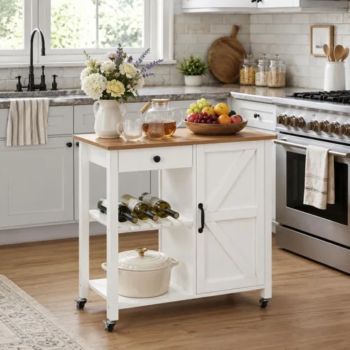 Vista 6 de Carrito pequeño de isla de cocina con ruedas con mesa de madera de 31.4