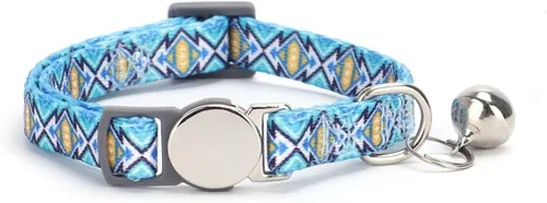 Vista 2 de Collar de gato con nombre de identificación, placa de número de teléfono, patrón floral grabado personalizado, collar de gatito con campana, azul a