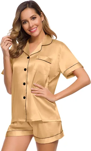 Vista 4 de SWOMOG Womens Silk Satin Pajamas Set Two-piece Pj Sets Sleepwear Loungewear Button-Down Pj Sets