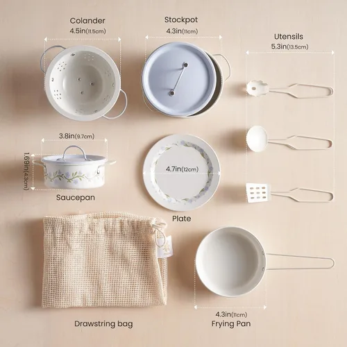 Vista 6 de ROBUD Juego de Ollas y Sartenes para Niños, Accesorios de Cocina para Jugar, Ollas y Sartenes de Metal en Crema Azul, Juego de Cocina para Niños