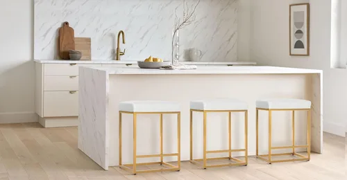 Vista 8 de Juego de 2 taburetes de bar de oro blanco para encimera de cocina, 24 pulgadas, sin espalda, modernos y elegantes, taburetes tapizados de piel