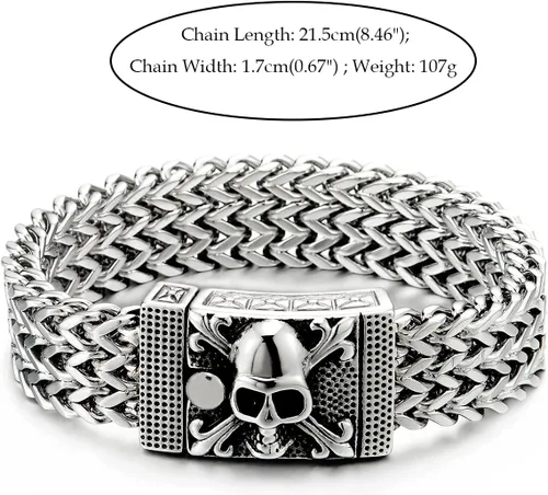 Vista 5 de COOLSTEELANDBEYOND Mens Large Stainless Steel Franco Link Curb Chain Bracelet with Pirate Skulls Clasp