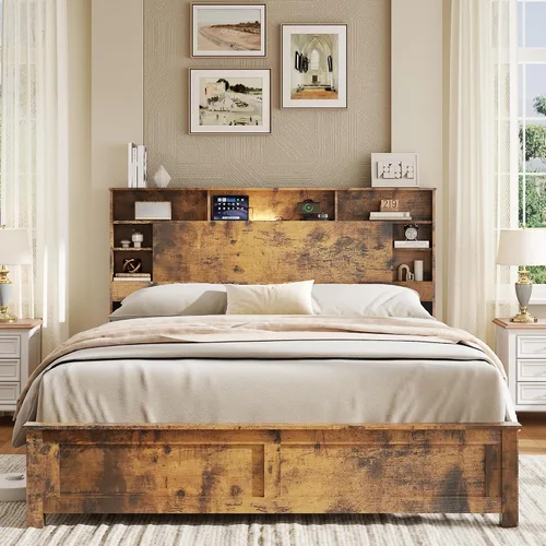 Vista 9 de Base de cama con cabecera de almacenamiento, plataforma de madera con estantes, carga USB y tipo C y luces LED, no necesita somier, sin ruido, fácil