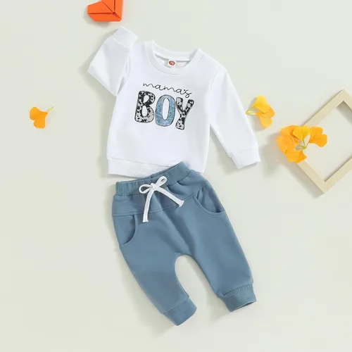 Vista 2 de Molgkyo Conjunto de 2 piezas de sudadera con estampado de letras y cuello redondo para bebé niño