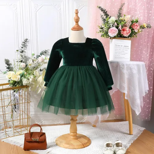 Vista 2 de ODIZLI Vestido de manga larga de terciopelo para niñas pequeñas