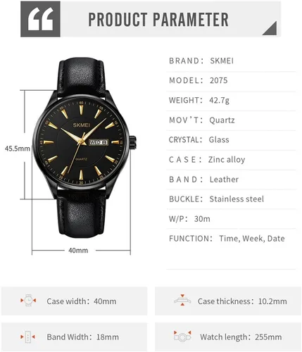 Vista 6 de SKMEI Relojes de cuero negro moda vestido clásico casual simple luz analógica impermeable día fecha calendario papá padres regalos oro reloj