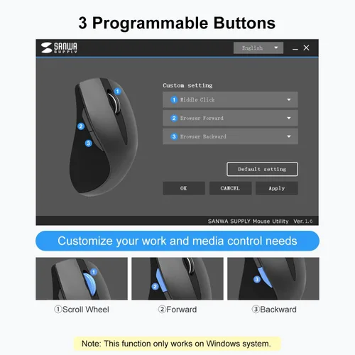 Vista 4 de SANWA - Ratón ergonómico inalámbrico 2.4G, mouse vertical de clic silencioso, 3 botones programables, 800-1600 DPI, mouse Ergo inalámbrico para Negro
