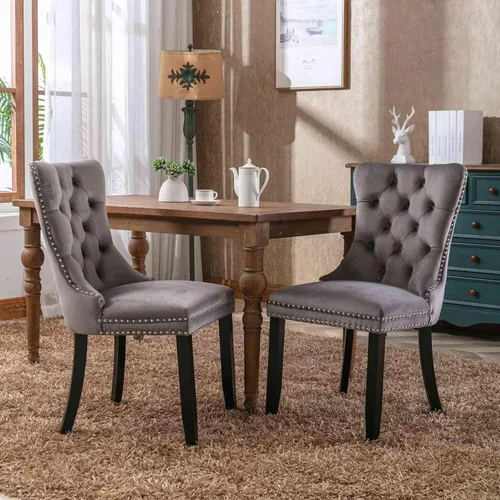Vista 11 de Silla de comedor tapizada de terciopelo con respaldo copetudo y patas de madera, silla auxiliar moderna decoración de remaches, para comedor Negro