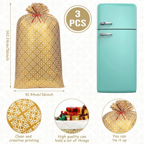 Vista 2 de Zonon 3 bolsas de regalo de plástico de 56 pulgadas, color dorado, tamaño jumbo, bolsas de regalo grandes, envoltura de regalo gigante para boda