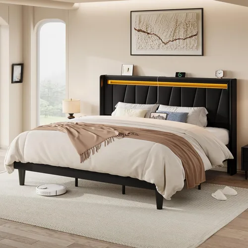 Vista 8 de Allewie Base de cama LED tamaño King con estación de carga, cama de plataforma tapizada en terciopelo con cabecera geométrica tipo wingback, marco