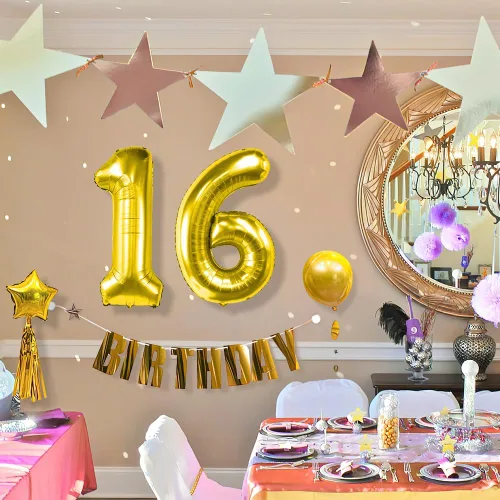 Vista 2 de Globos de 16 globos de 40 pulgadas, globos de cumpleaños de 16 años, decoraciones doradas de 16 cumpleaños para mujeres, él y ella, globos gigantes