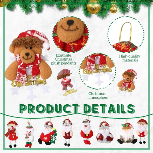 Vista 3 de Suzile 100 adornos de felpa para árbol de Navidad, Papá Noel, oso de muñeco de nieve, decoraciones navideñas tradicionales colgantes de árbol
