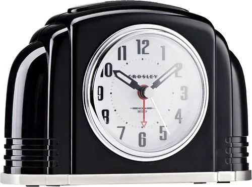 Vista 2 de Reloj despertador analógico vintage art deco Crosley, tictac tradicional, luz inteligente regulable automática, controles simples, (negro)