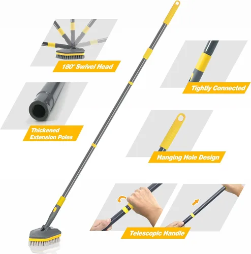 Vista 5 de Cepillo de ducha con mango largo para limpieza, cepillo de ducha extensible 3 en 1 de 56 pulgadas, accesorio intercambiable para limpiar la pared