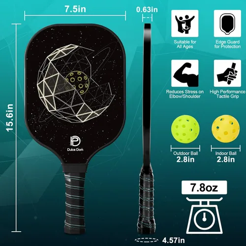 Vista 5 de Dulce DOM Juego de 2/4 palas de pickleball aprobadas por USAPA, 4 bolas de pickleball para interiores y exteriores, raqueta de superficie de fibra