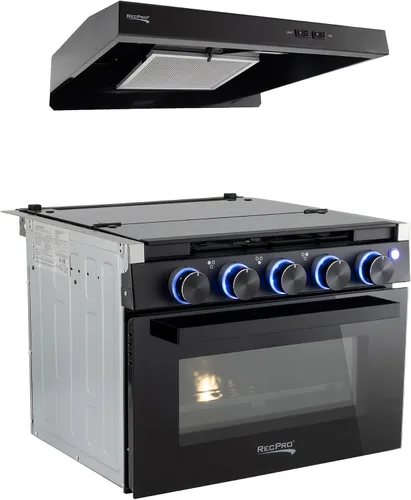 Vista 10 de Estufa RecPro RV Negra Rango de gas de 17" de alto Tres quemadores de 6500 y 8000 BTU Horno de 7100 BTU con capacidad de 1.24 pies cúbicos