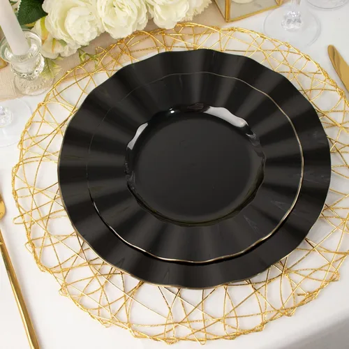 Vista 111 de Tableclothsfactory Paquete de 10 platos redondos de plástico negro de 6 pulgadas para ensalada de postre, platos desechables con borde ondulado