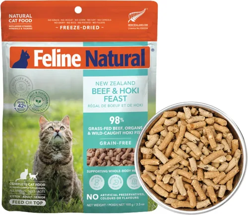 Vista 21 de Alimento para gatos seco de alta proteína Feline Natural, dieta liofilizada con 98% de carne, órganos y mariscos, sin guisantes, granos o aditivos