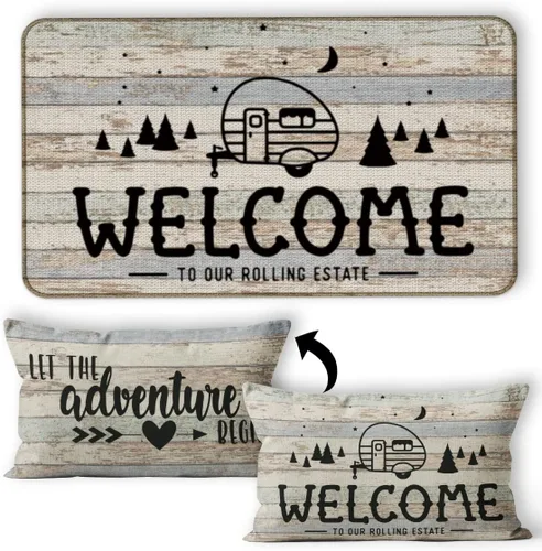 Vista 9 de Tapete para puerta de campamento, 30 x 17 pulgadas, para interiores, regalos de cámper, decoraciones de caravana, color negro, deja que la aventura
