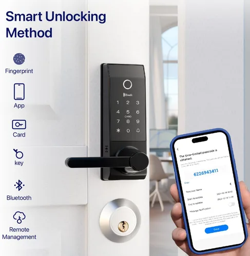Vista 2 de Cerradura inteligente para timbre de puerta con huella dactilar para propietarios de viviendas o padres, cerradura de puerta con cámara y manija