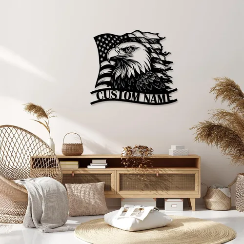 Vista 3 de Letrero de metal personalizado de águila y bandera estadounidense, arte de pared patriótico con nombre personalizado, decoración de hierro