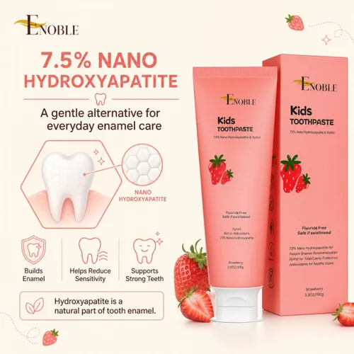 Vista 4 de Enoble Pasta de dientes para niños, pasta de dientes natural sin flúor para niños, niños pequeños y bebés con 7.5% de nano-hidroxiapatita y xilitol