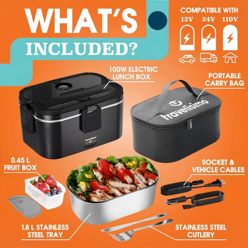 Vista 5 de TRAVELISIMO Loncheras eléctricas extragrandes para adultos con capacidad para 8 tazas – Fiambrera térmica de 100 W para hombres 1.8 L, calentador