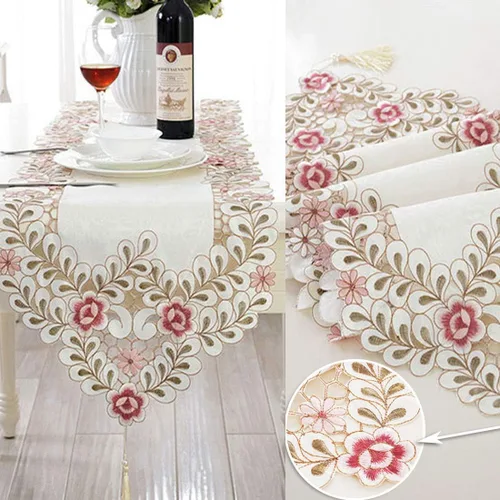 Vista 3 de LeLehome - Mantel de encaje bordado con flores color café