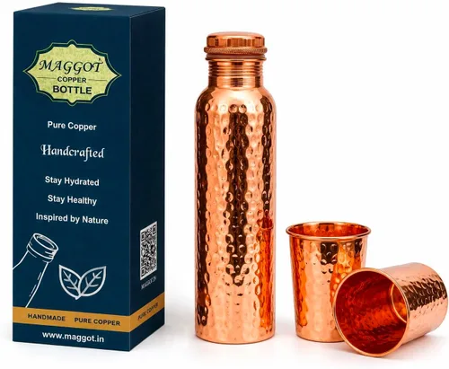 Vista 11 de MAGGOT Copper Water Bottle With 2 Glass Tumbler Ayurvedic Drinking 34 Oz