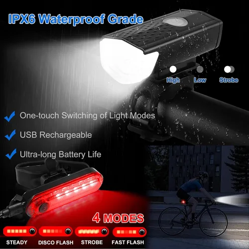 Vista 3 de Paquete de 8 accesorios para bicicleta, juego de luces para bicicleta recargable por USB, 1 soporte para botella de agua para bicicleta, bolsa