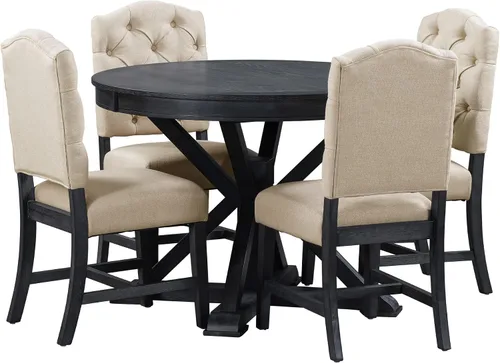 Vista 8 de Farmhouse - Juego de mesa de comedor de 5 piezas, mesa de comedor redonda extensible con 4 cómodas sillas tapizadas, juego de muebles funcionales