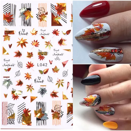 Vista 3 de 6 calcomanías de arte de uñas de otoño, calcomanías de uñas con láser 3D, calcomanías brillantes para uñas, diseño de hojas de arce doradas