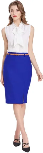 Vista 4 de Kate Kasin Falda estilo lápiz, entallada, para mujer, con cinturón, de color liso y ajustada en la cadera