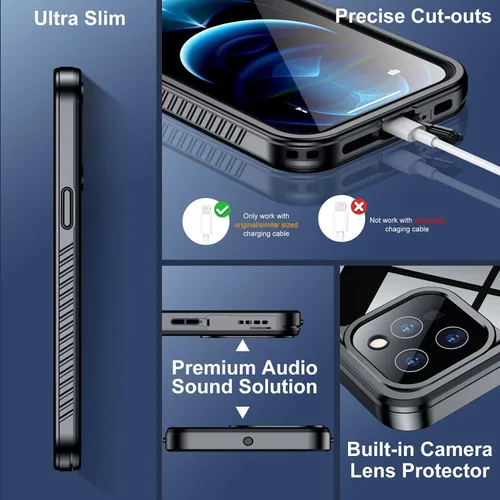 Vista 5 de SPIDERCASE Funda impermeable para iPhone 12 Pro Max, lente integrada y protector de pantalla, protección completa resistente, 12 pies, a prueba