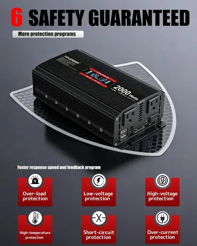 Vista 4 de Inversor de 2000 vatios de 12 V a 110 V/120 V, inversor de CC a CA de 2000 W con pantalla LCD inteligente, salidas de CA duales, puerto de carga USB